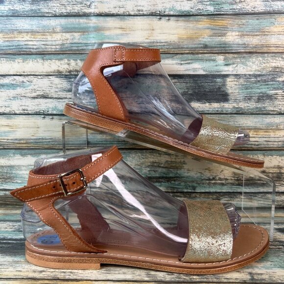 NICCOLO VACARI Strappy Sandals Womens 6.5 Brown/Gold Leather Ankle Strap Flat - Picture 1 of 10